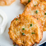 potato latkes on a white plate.