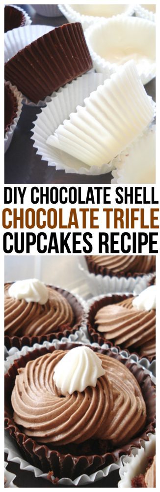 A hard chocolate cupcake shell filled with moist chocolate cake, creamy chocolate mousse and topped with whip cream. The Perfect Trifle Cupcakes Recipe.