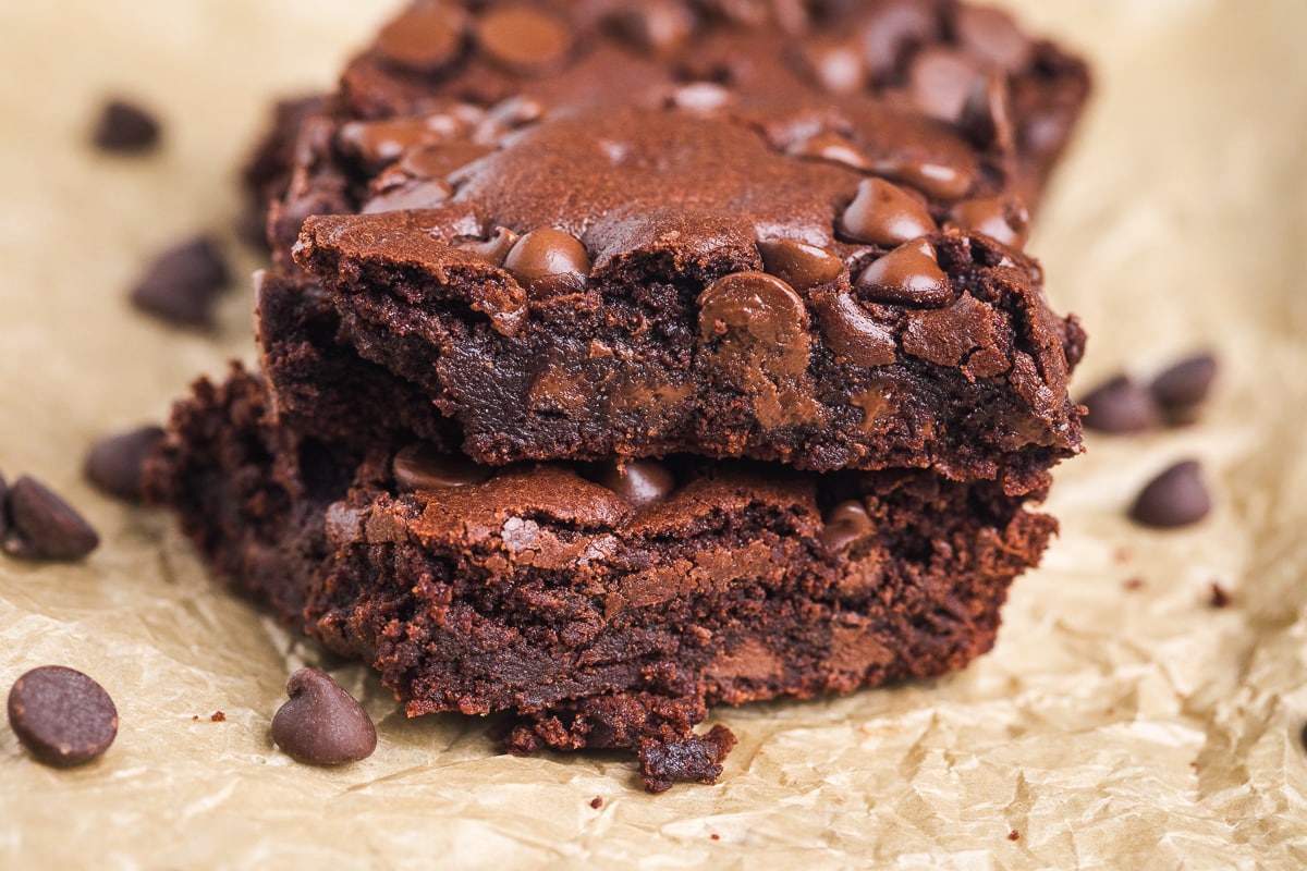homemade brownies stacked.