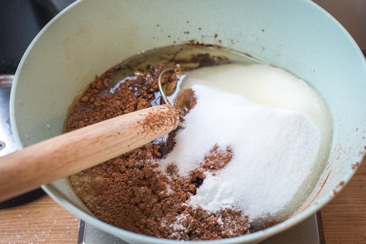 ingredients in a mixing bowl for brownies.