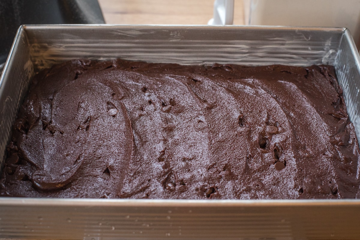 brownie batter in a 9x13 inch baking dish.