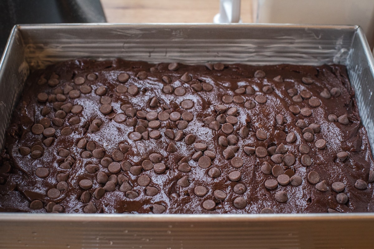 brownie batter in a 9x13 inch baking dish with chocolate chips on top.