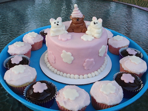 See my first Marshmallow Fondant cake with cute flowers, cute teddy bears and even fondant covered cupcakes not just a fondant covered cake!