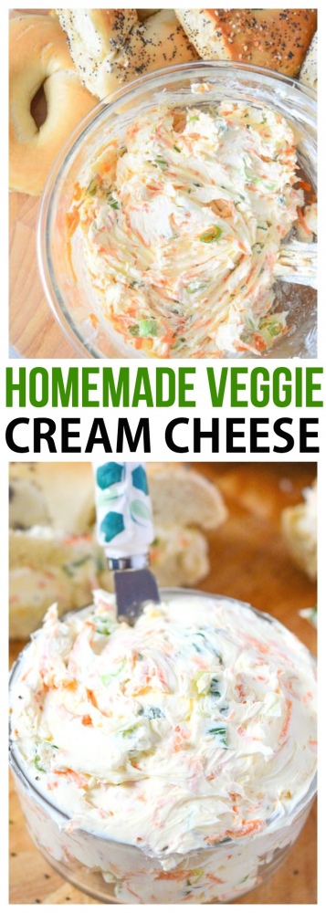 Homemade Vegetable Cream Cheese Spread recipe for bagels! Can be used for bagel chips as a vegetable cream cheese dip too.