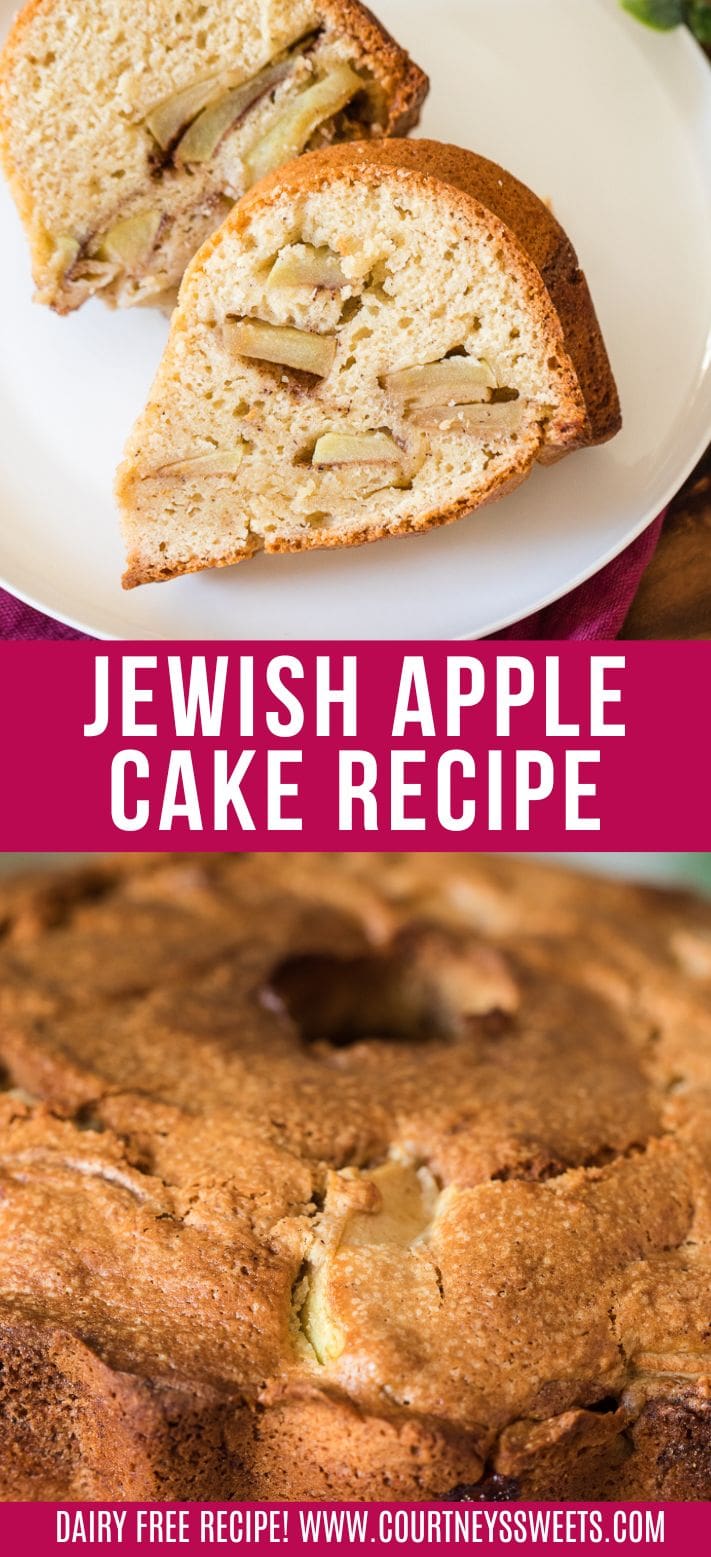 2 slices of Jewish apple cake on a white plate with maroon napkin underneath the plate and then a banner saying jewish apple cake recipe between with another photo below of the whole cake.