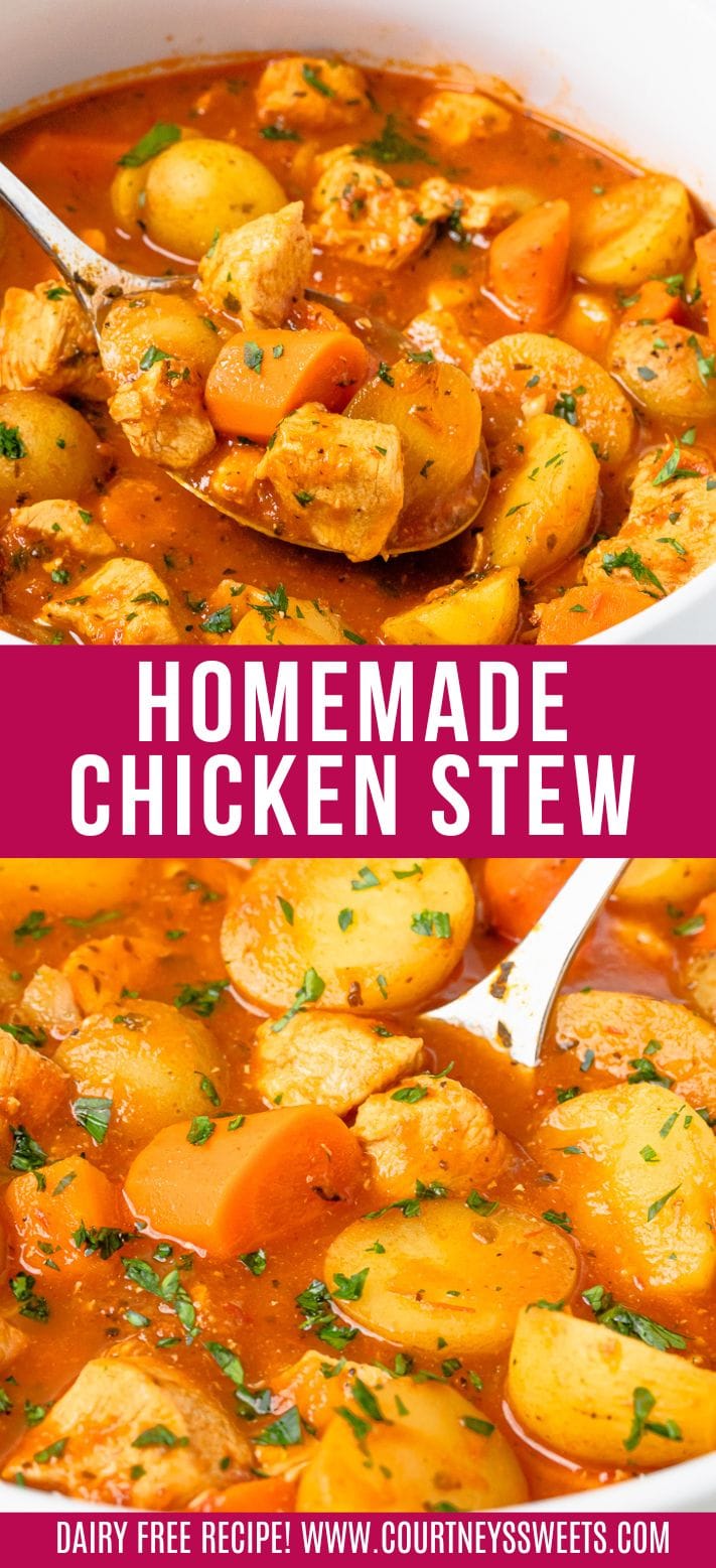 homemade chicken stew with text on split image.