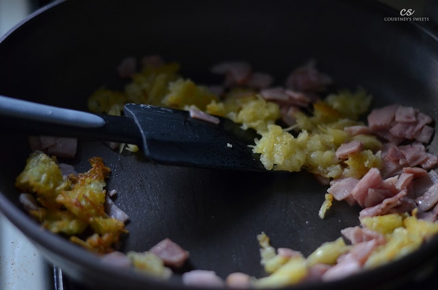 Potatoes and Ham for Mini Ham and Cheese Quiche!