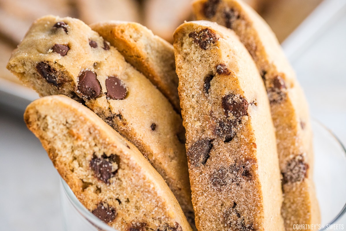 close up of sliced mandel bread with cinnamon sugar and chocolate chips