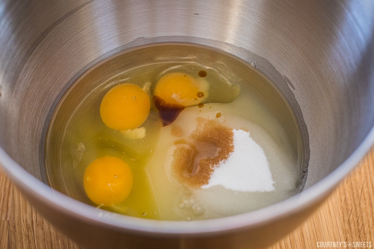 eggs, vanilla, sugar, and oil in a mixing bowl