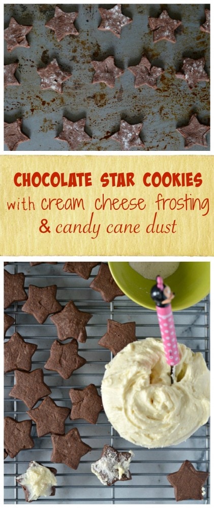 chocolate star cookies with cream cheese frosting and candy cane dust