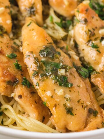 chicken scampi over pasta, close up photo.