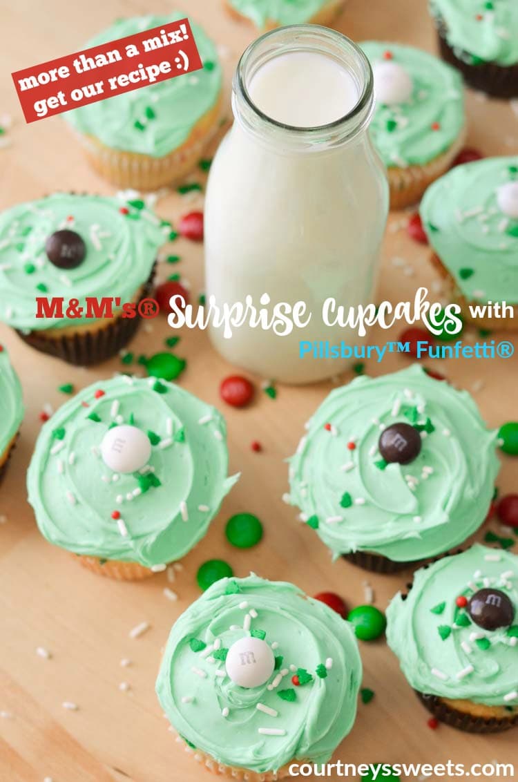 Surprise Cupcakes! Simple, easy, delicious and FUN holiday cupcake recipe! M&M's® Surprise Cupcakes with Pillsbury™ Funfetti®