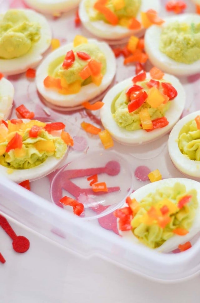 Avocado Deviled Eggs Christmas Trees plus how to transport food during the holidays with Rubbermaid TakeAlongs