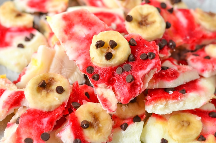 Banana Split Frozen Yogurt Bark, a refreshing frozen dessert for the whole family to enjoy. Using whole milk greek yogurt and fresh produce! Get this kid friendly recipe on www.courtneyssweets.com now for Mini Chef Mondays !