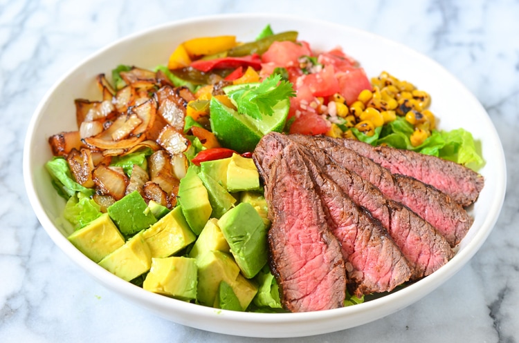 steak salad with ripe avocado