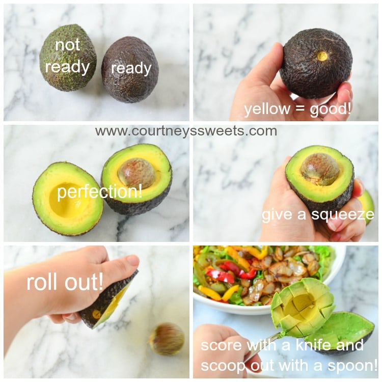  how to tell if an avocado is ripe, two avocados one very green and not ready one brown and ready, yellow is good when removing stem, cut open avocado, giving avocado a squeeze to remove the seed, seed rolling out of squeezed avocado, scored avocado with spoon removing the avocado for salad
