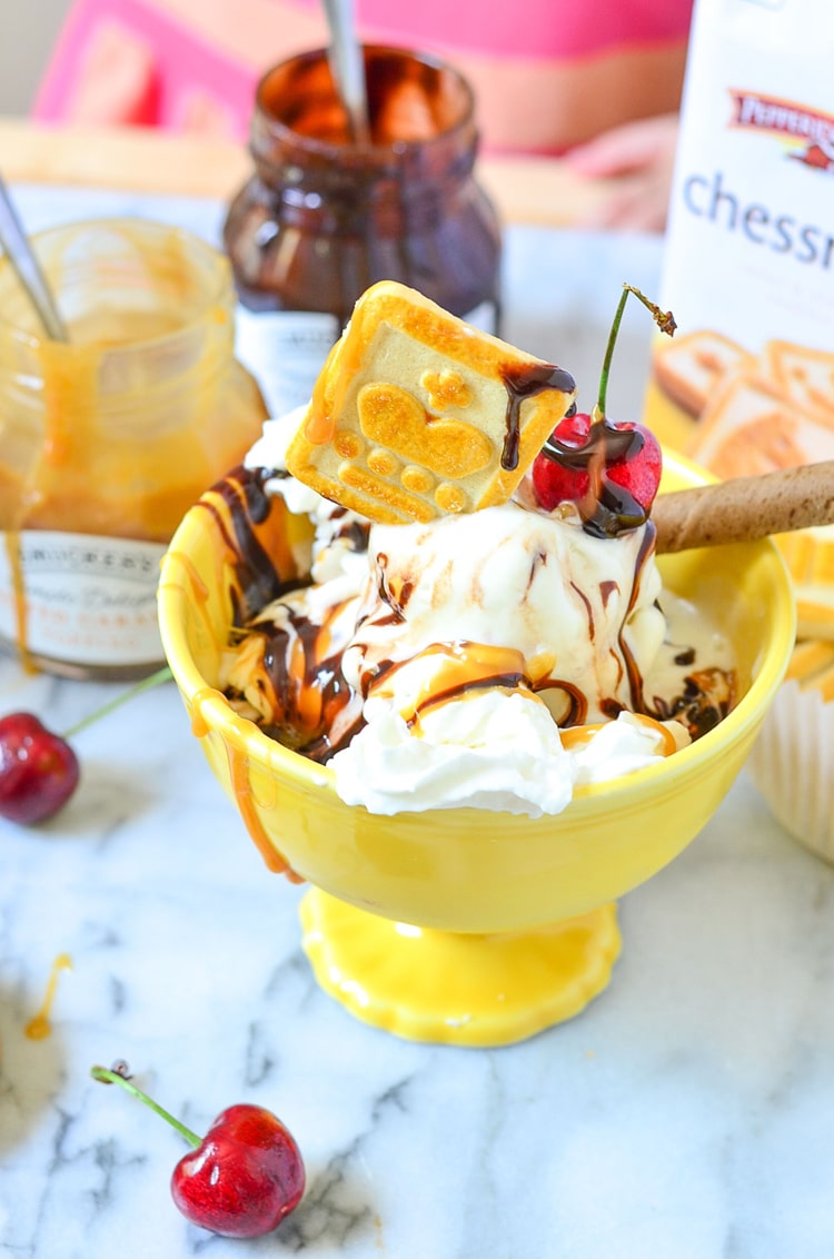 Sundae Fundays, Mini Chef Mondays! How to make the best ice cream sundae! Chocolate Sauce, Caramel Sauce, Reddi-wip, Cookies, with a cherry on top!