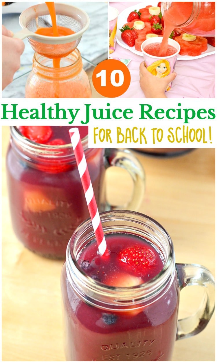 10 Healthy Juice Recipes for Back to School! Pack these healthy juice drinks with you kiddos lunch and they will have a homemade and healthy nutritious drink.