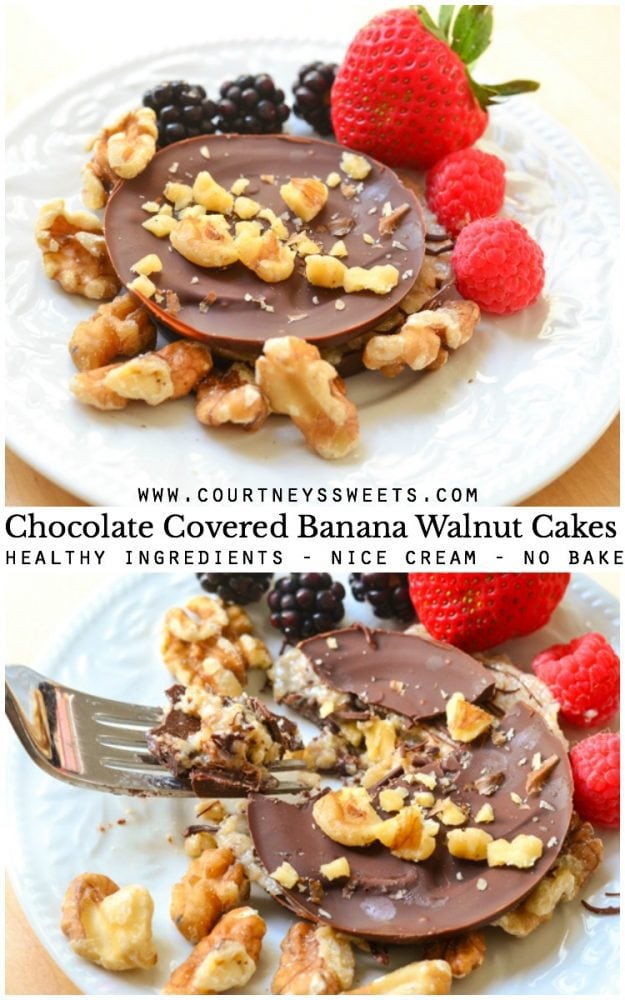 Chocolate Covered Banana Walnut Cakes ( Nice Cream Recipe ) using California walnuts. This is a dairy free option for those who want a quick sweet snack. All of the ingredients are wholesome and healthy and it's so simple to make. There's only 4 ingredients and no bake!