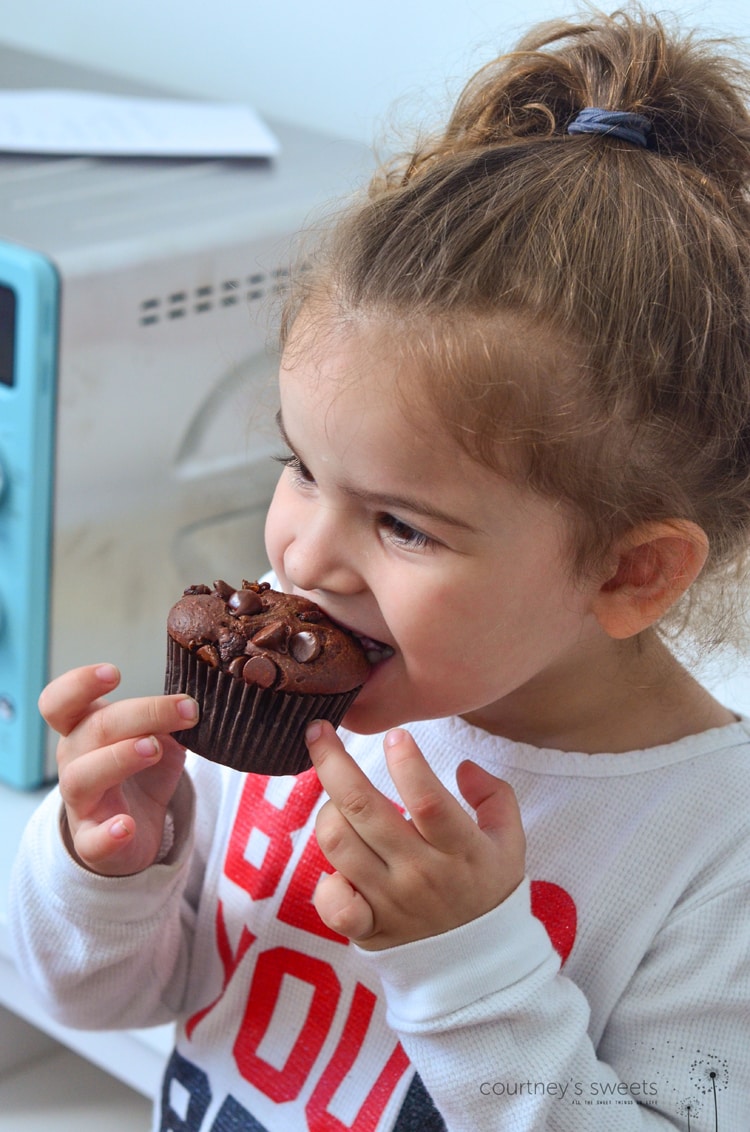 Double Chocolate Chip Muffins made a little healthier! The healthy recipe swaps are less fat, less sugar, but not less flavor. :) While you wait for your delicious muffin recipe to bake, your mini chef can enjoy playing in the Step2 Grand Luxe Kitchen!