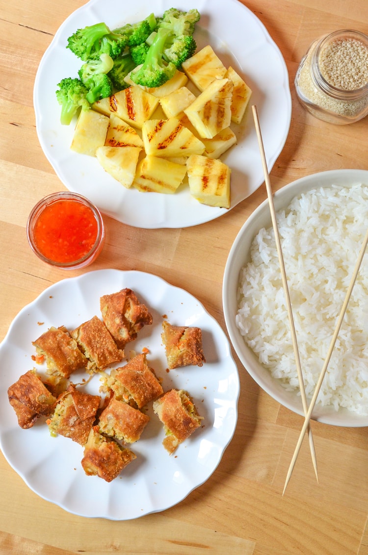 Sweet Chili Chicken Egg Roll Skewers Quick and Easy Dinner Recipe for the whole family to enjoy. Fakeout takeout