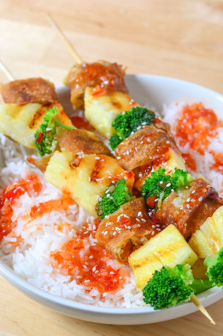 Sweet Chili Chicken Egg Roll Skewers Quick and Easy Dinner Recipe for the whole family to enjoy. Fakeout takeout