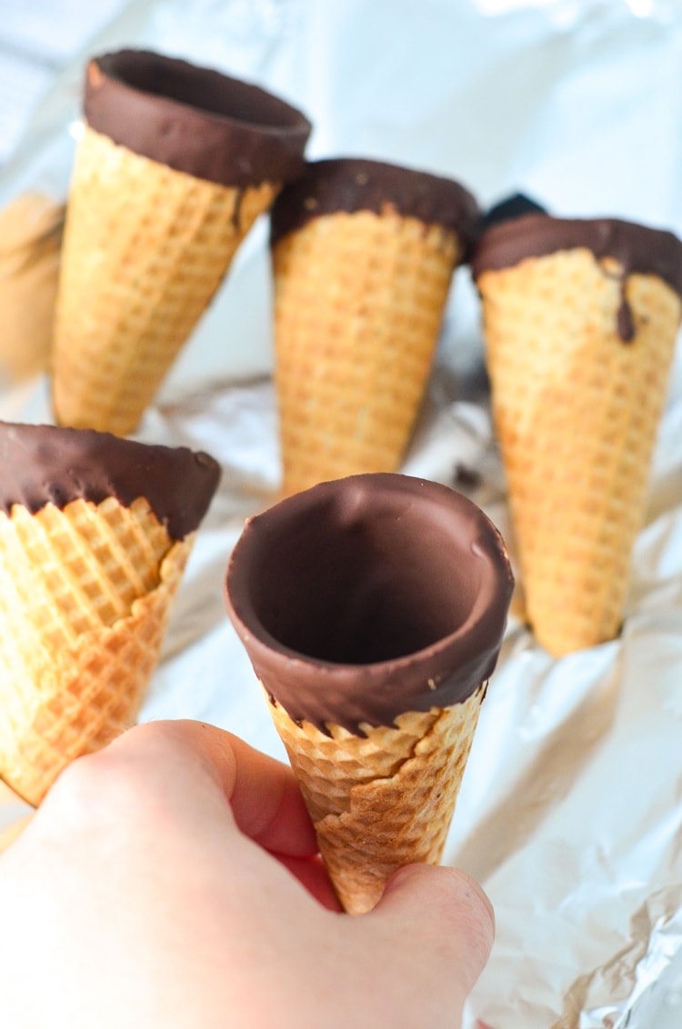 Save money and make your own Chocolate Filled Ice Cream Cones just like those ice cream cones you find in the freezer section! Delicious chocolate filled sugar cones for homemade ice cream. Such a simple recipe!!