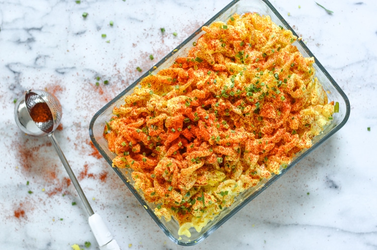 Super simple Deviled Egg Pasta Salad. It's a great recipe for entertaining and it's a must make Thanksgiving Recipe, even use leftover deviled eggs. Add this delicious recipe to your Thanksgiving Menus to wow guests.
