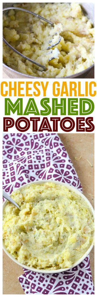 Kid Friendly Cheesy Garlic Mashed Potatoes are the perfect holiday side dish that everyone will enjoy. Vegetarian and delicious!