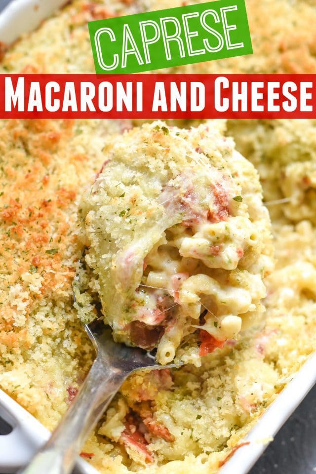 This delicious Caprese mac and cheese recipe is an easy meal for the family or even entertaining. Flavorful, filled with tomatoes, pesto, fontina and mozzarella cheeses.