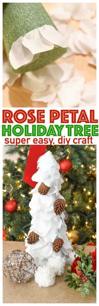 A simple craft DIY Rose Petal Holiday Tree with scented pine cones! Perfect as a table centerpiece or on the Christmas Mantle.