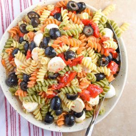 COLORFUL Tri Color Pasted Salad is a hit! I'm always asked to make this tri colored pasta salad for parties and it's the best cold salad without mayo!