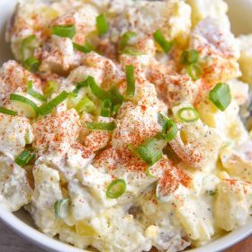 Quick and easy Potato Salad with Eggs Recipe is a great summer side dish for parties! Comfort food that is a family favorite for many!