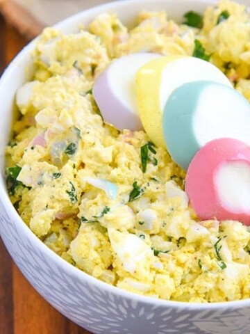 This simple egg salad recipe is a kid friendly recipe that the whole family will enjoy. We use our steamed hard boiled eggs and our homemade Easter egg dye to make it colorful and fun! kid friendly recipe