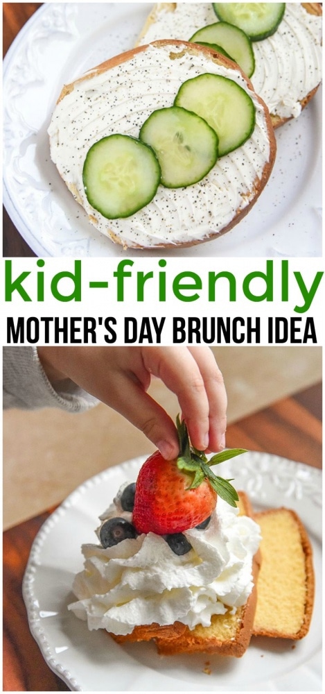 Simple and fun Mother's Day Brunch Breakfast that is kid friendly for mom and little ones. Bagel Breakfast and brunch strawberry pound cake dessert.