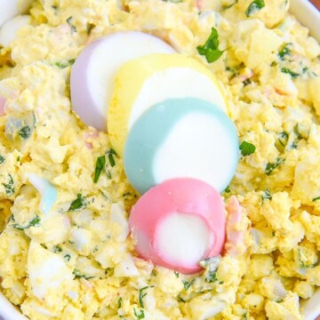 This simple egg salad recipe is a kid friendly recipe that the whole family will enjoy. We use our steamed hard boiled eggs and our homemade Easter egg dye to make it colorful and fun! close up