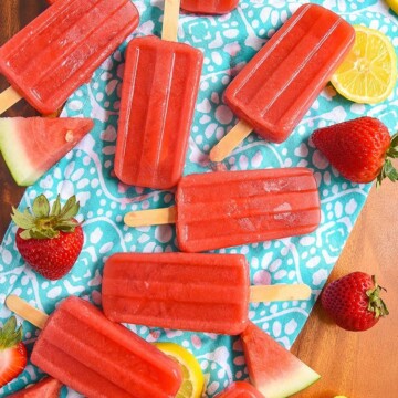 Nutritious Strawberry Watermelon Popsicles make for healthy and refreshing frozen summer dessert for kids! Easy to make recipe for kids on to Mini Chef Mondays and perfect to hydrate them on a hot summer day.