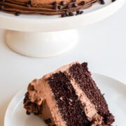slice of chocolate cake on a white plate with the cake stand and cake behind it.