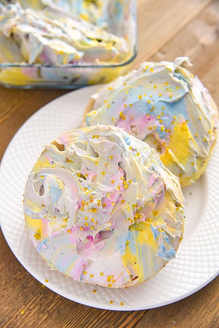 Unicorn Food for Breakfast! Make our Unicorn Cream Cheese Spread for your favorite bagel breakfast! Great for birthday parties PLUS we use natural food dye! Mixed