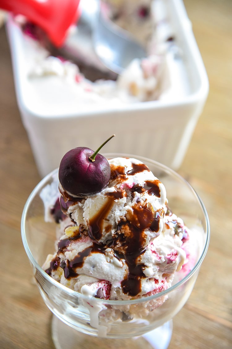 Our banana split ice cream recipe is filled with everything you would want in a homemade banana split, including the cherry on top!