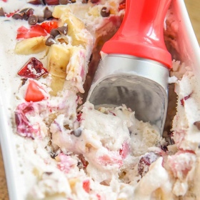 Our banana split ice cream recipe is filled with everything you would want in a homemade banana split, including the cherry on top! Scoop!