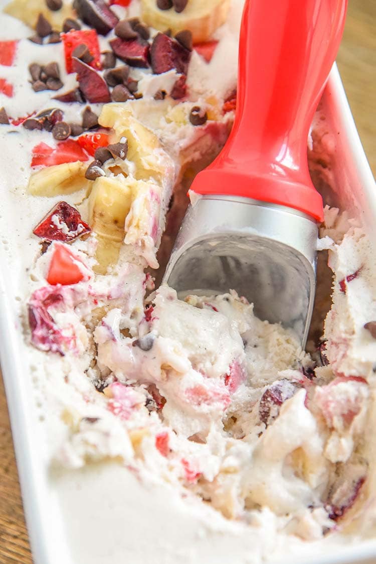 Our banana split ice cream recipe is filled with everything you would want in a homemade banana split, including the cherry on top!