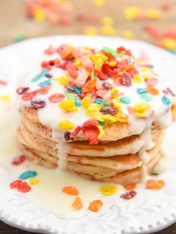 Fruity Pebble Pancakes with Cream Cheese Syrup