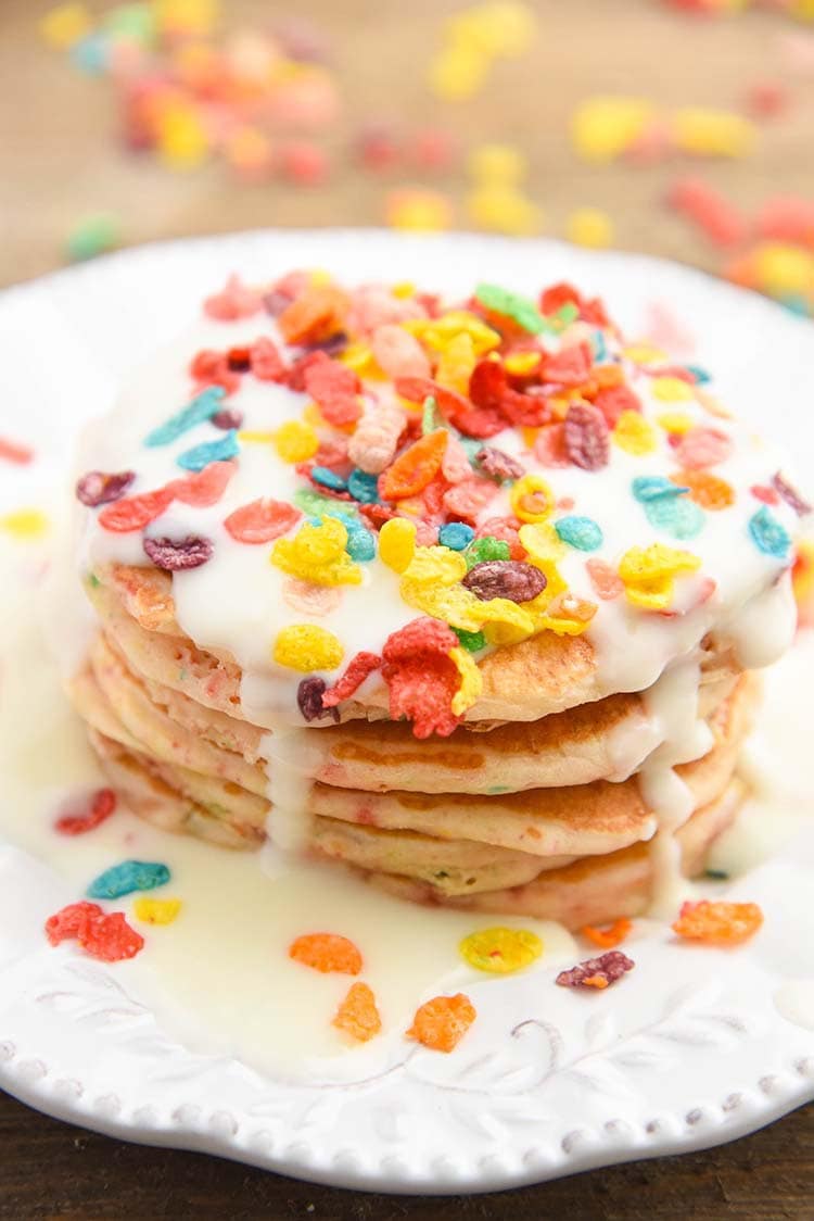 Fruity Pebble Pancakes with Cream Cheese Syrup