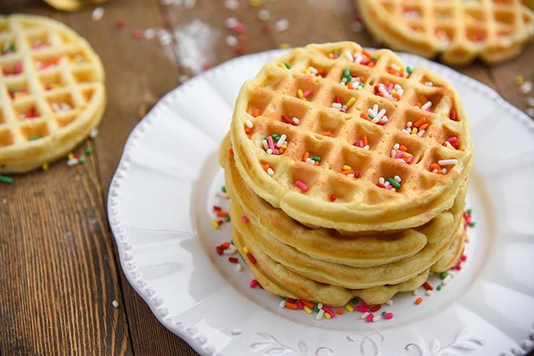 Easy Homemade Waffles Recipe for a fun family breakfast! Thick, crispy, fluffy, waffles at home! sprinkles on top