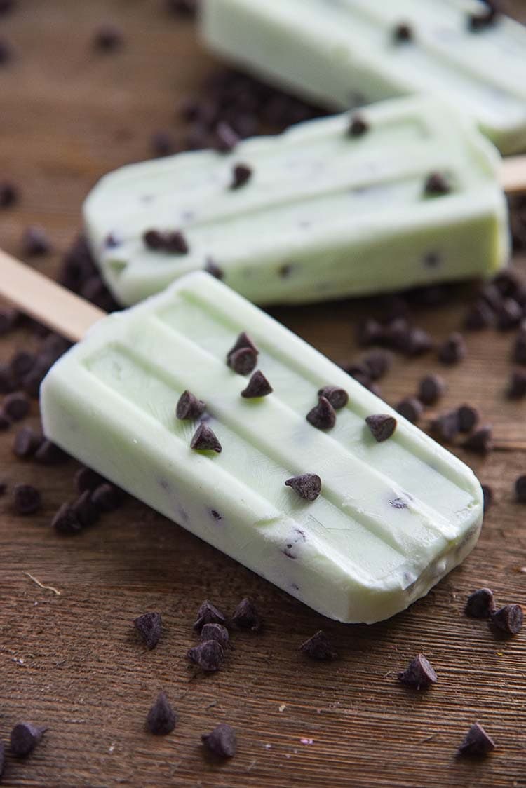 Mint Chocolate Chip Popsicles close up