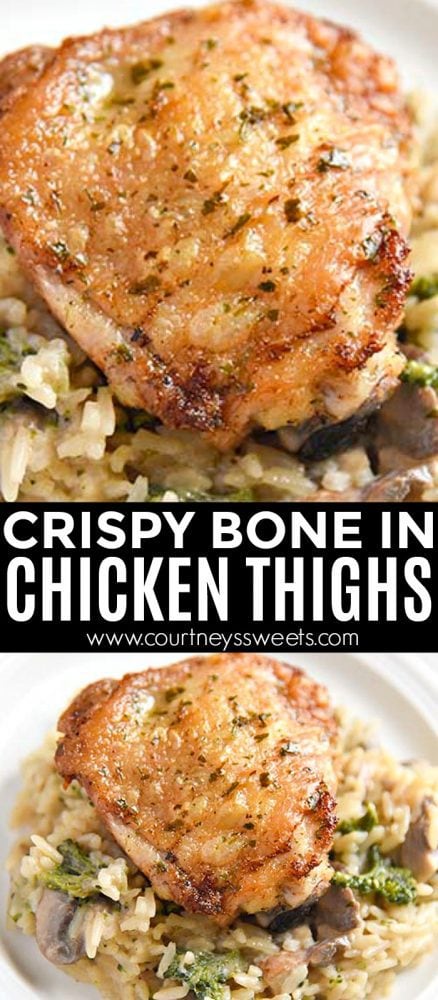 crispy chicken thighs over mushroom broccoli rice