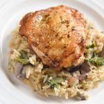 Garlic Chicken Thighs with White Cheddar Broccoli Mushroom Rice