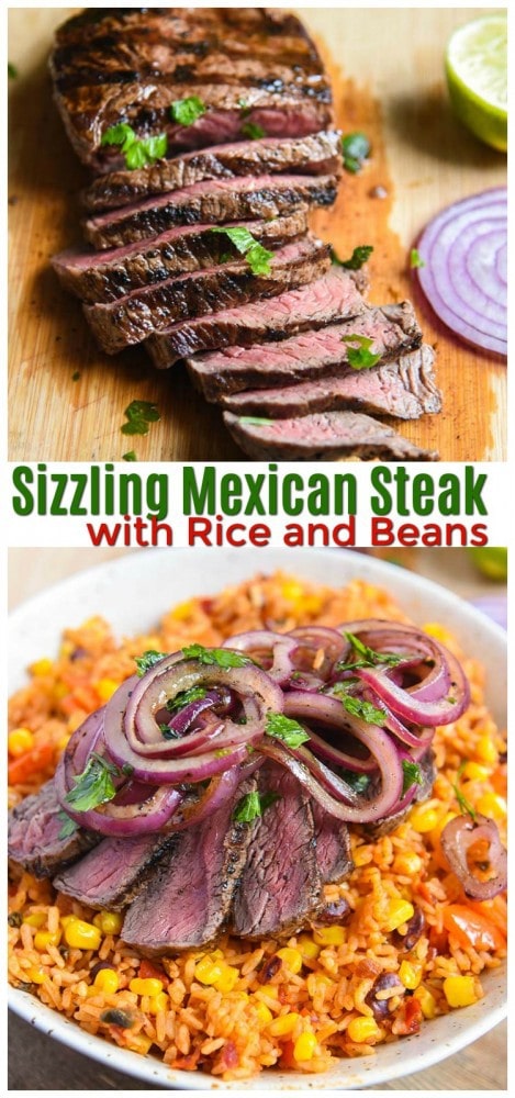 Sizzling Mexican Steak with Rice and Beans