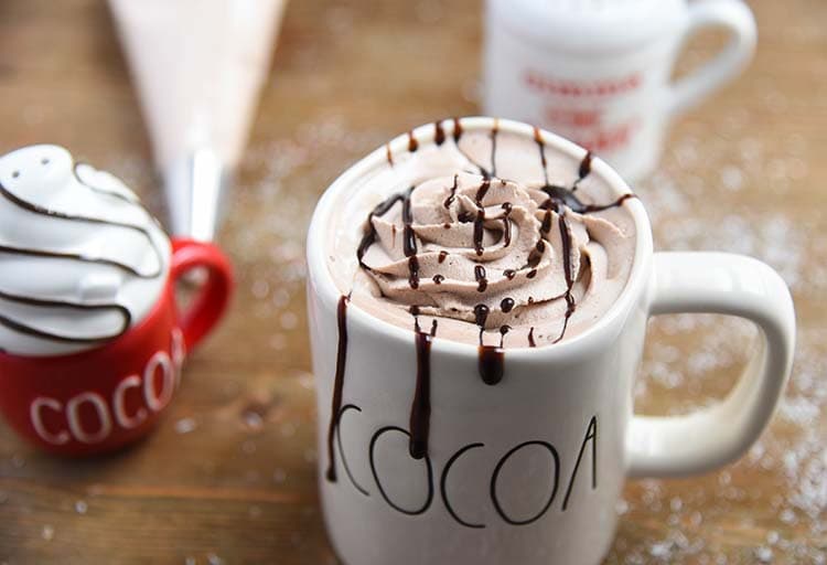 Chocolate Drizzled Hot Chocolate Whipped Cream with Hot Cocoa